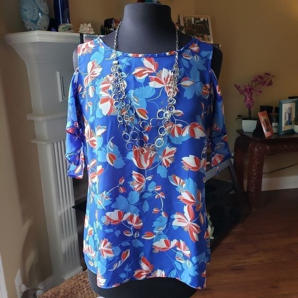 Rose + Olive Blue & Red Cold-Shoulder Blouse - Picture 1 of 4